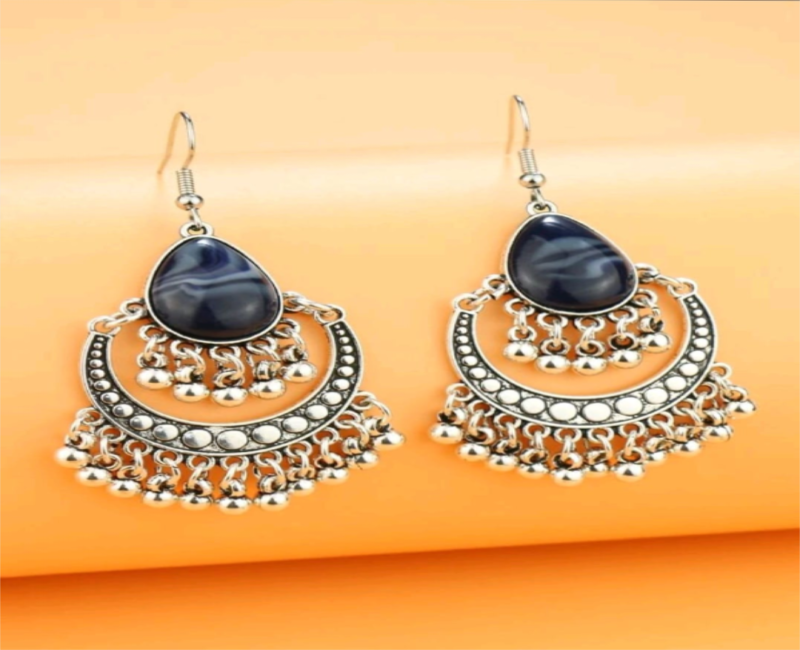 Boho Chic Silver & Blue Stone Chandbali Earrings