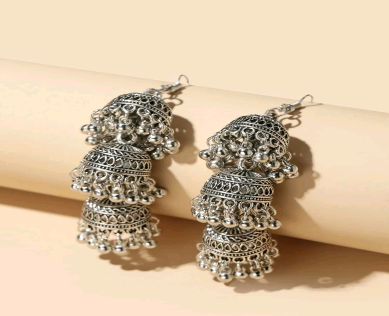 Silver Triple Layered Jhumka Earrings