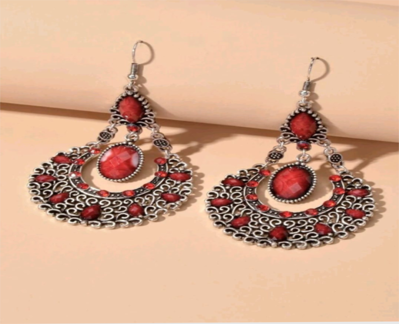 Silver & Red Gemstone Chandelier Earrings
