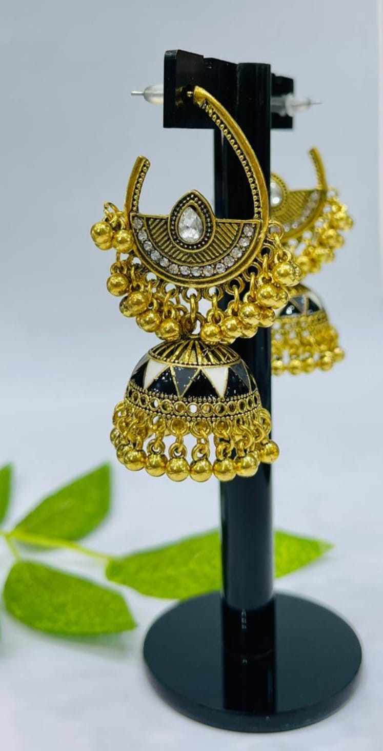 Golden Black & White Chandbali Jhumka Earrings
