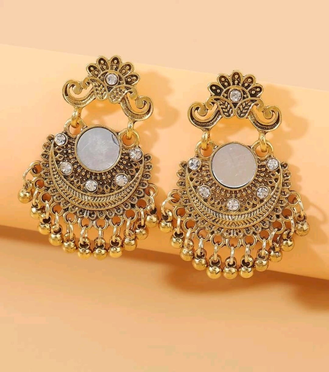 Elegant Golden Mirror Chandbali Earrings
