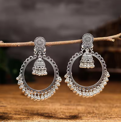 Oxidized Silver Hoop Jhumka Earrings