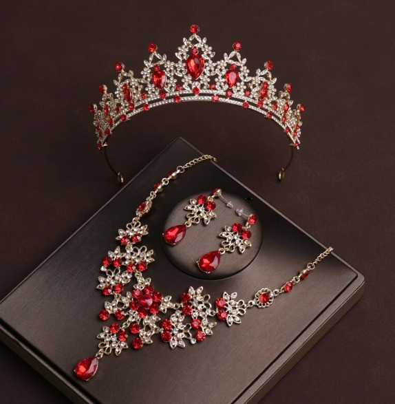 Red Crystal Bridal Crown & Dubai Jewelry Set