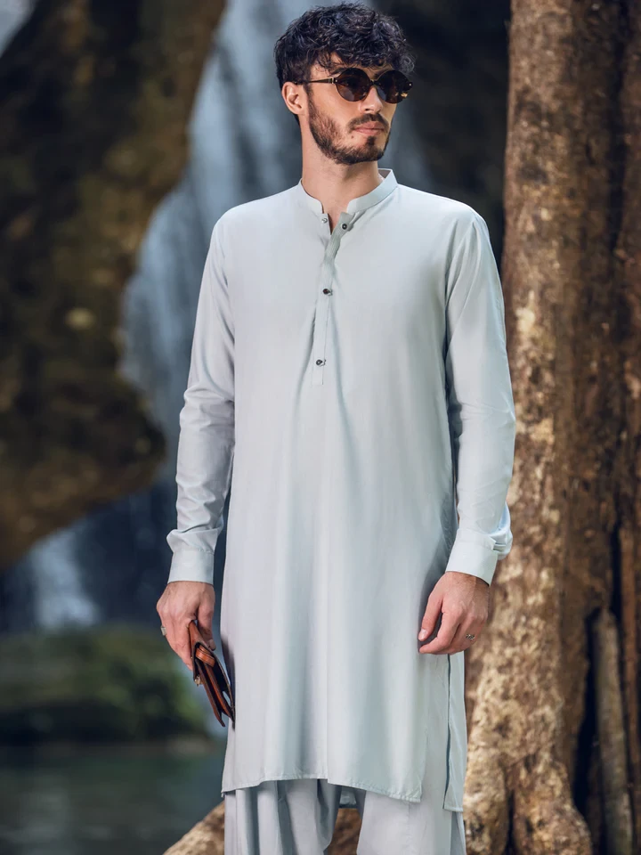 Light Blue Cut And Sew Kameez Shalwar With Basic Design Details