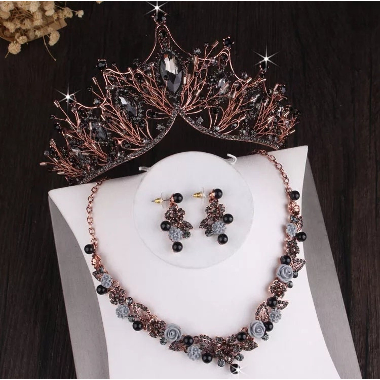 Tiara Set Bridal Crown Tiara | Black | Necklace | Earrings | Wedding | Bridal Tiara | Crystal Jewelry | Headwear | 3-Piece | Holiday | 2025