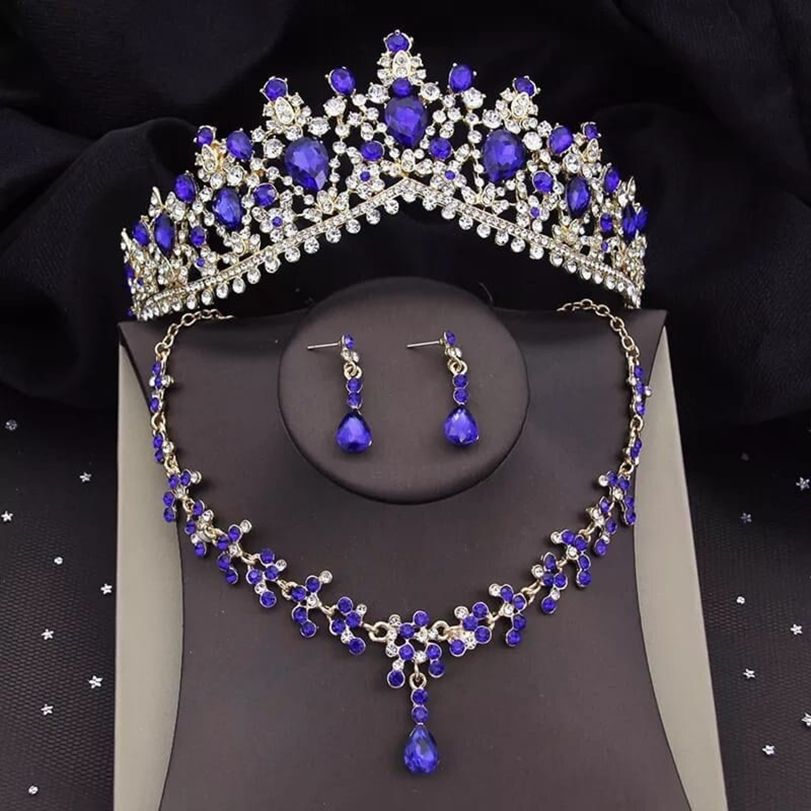 Bridal Tiara Set Blue Crown Set | Blue & Gold | Bridal Jewelry | Earring Necklace | Wedding | Royal | Engagement | Crown | 2025 Trend