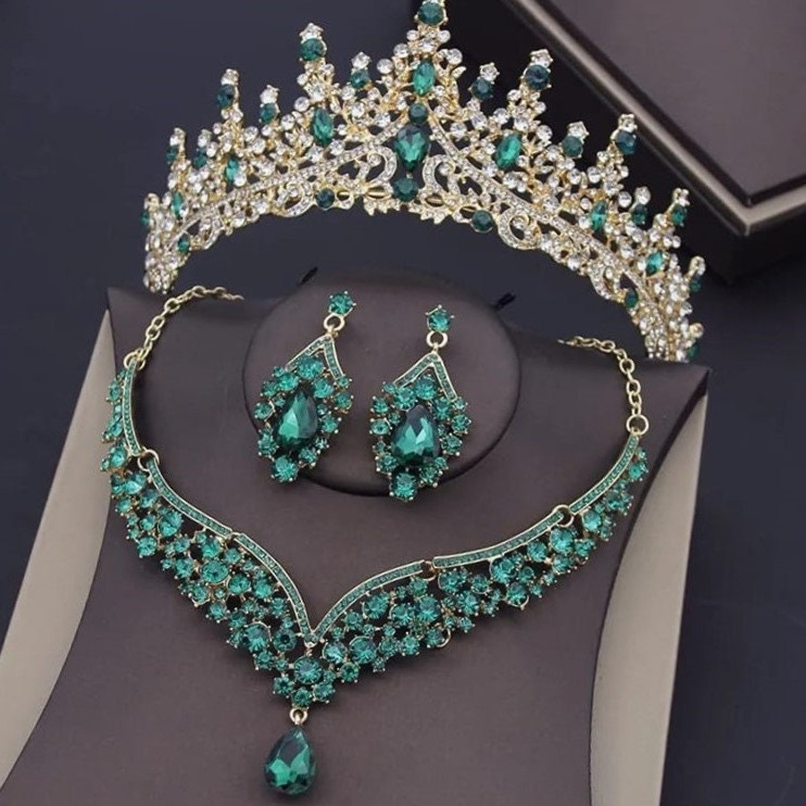 Bridal Tiara Green Gold Set | Luxury High-End Green | Jewelry | Earring Necklace | Wedding | Royal | Engagement | Crown | 3-Piece | 2025