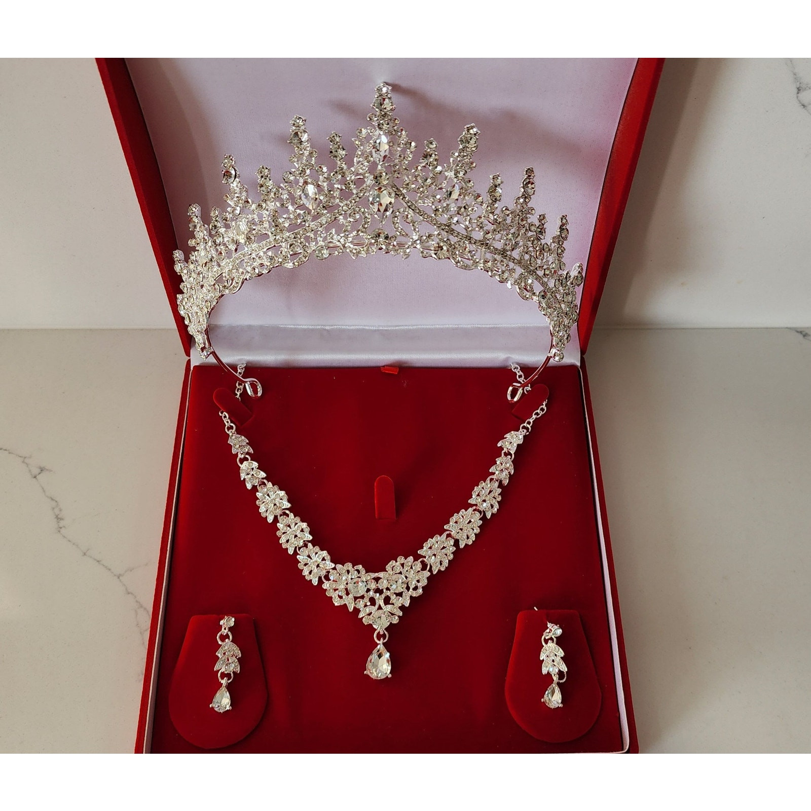 Bridal Tiara Silver Set | Luxury High-End Silver | Earrings Necklace | Wedding | Jewelry | Royal | Engagement | Crown | 3-Piece | 2025