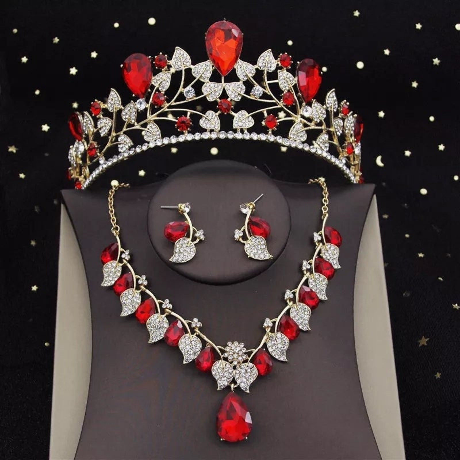 Bridal Tiara Set | Red & Gold | Earrings Necklace | Wedding Headwear | Bridal Jewelry | Royal | Engagement | Three Piece | 2025 Trend