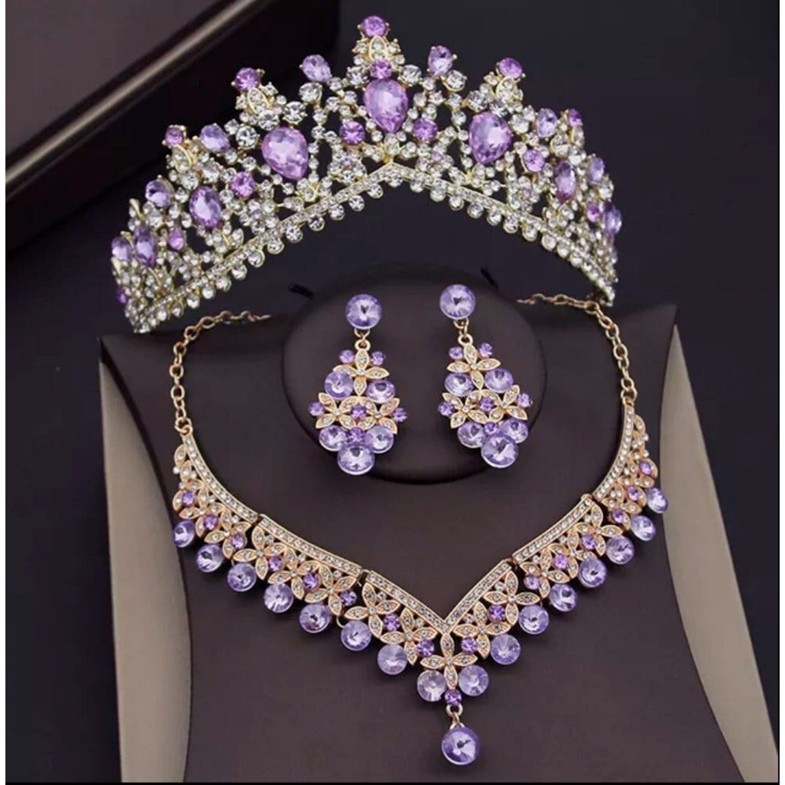 Bridal Tiara Set Purple Tiara | Purple Gold Silver | Necklace | Earrings | Wedding | Jewelry | Headwear | Three-Piece | Holiday | 2025 Trend