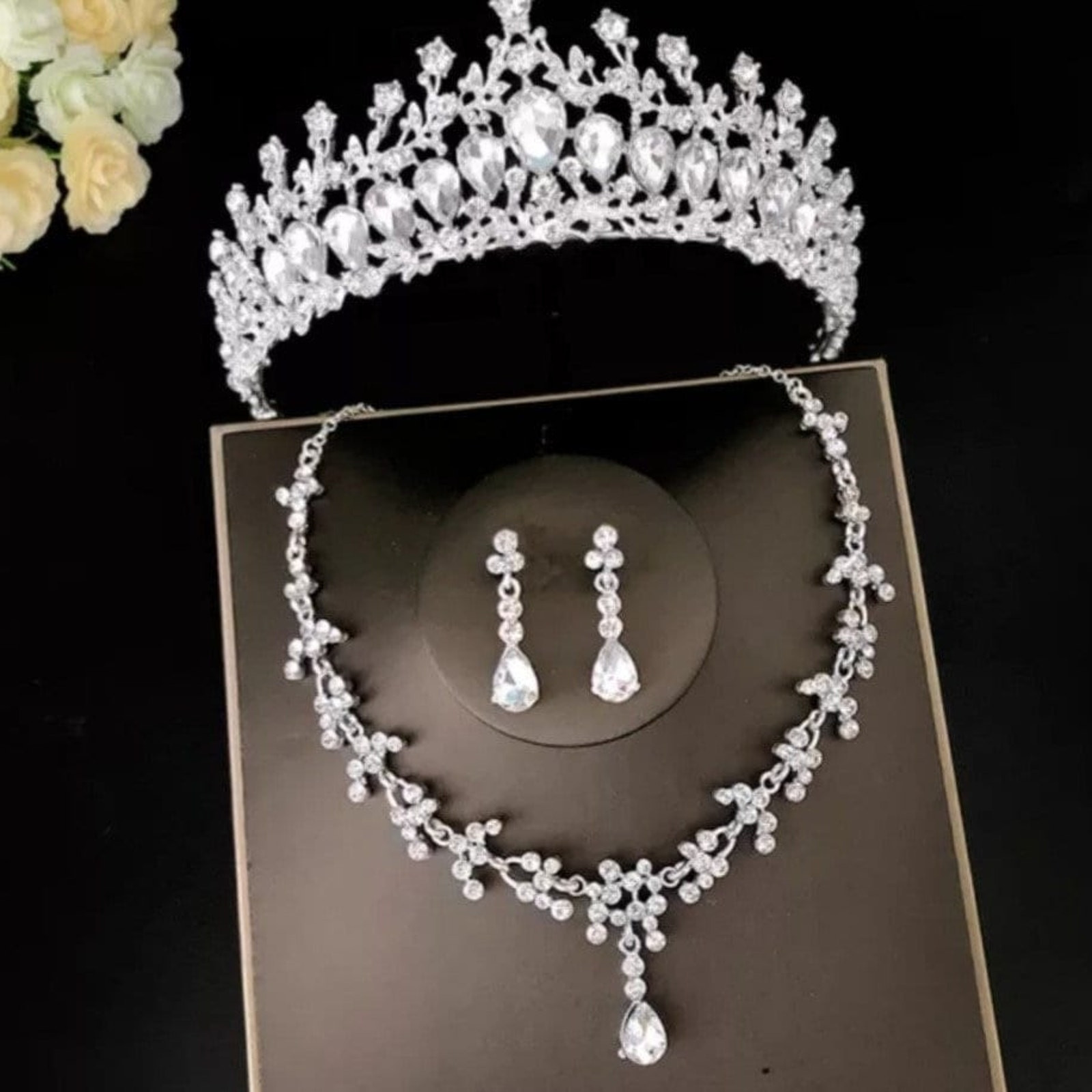 Bridal Tiara Set Silver Tiara set | Silver Set | Necklace | Earrings | Wedding | Jewelry | Headwear | Three-Piece | Holiday | 2025 Trend