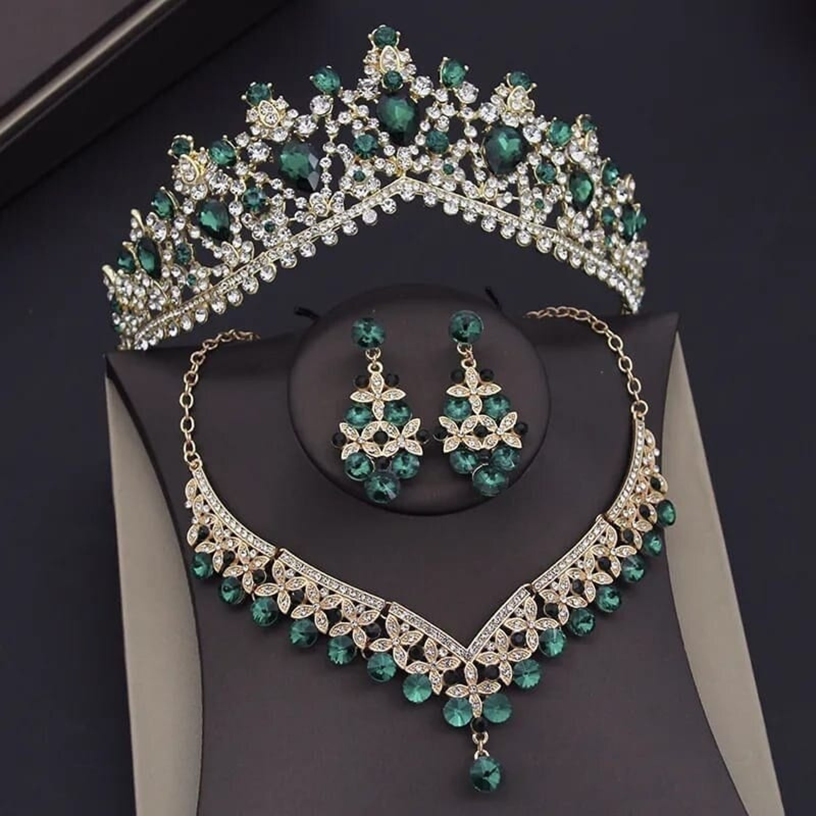 Bridal Tiara Green Gold Set | Luxury High-End Green | Jewelry | Earring Necklace | Wedding | Royal | Engagement | Crown | 3-Piece | 2025
