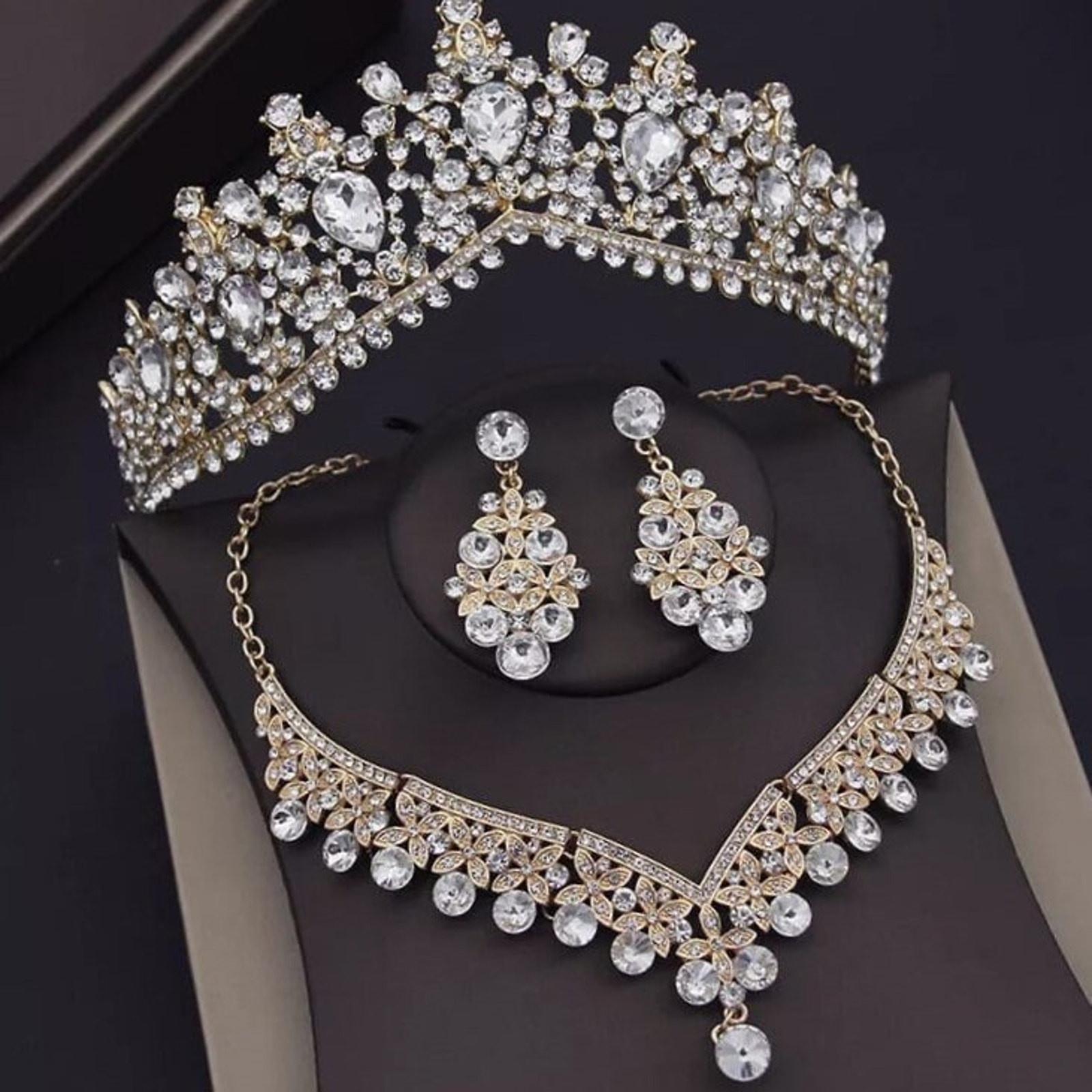 Bridal Tiara Set Gold Tiara | Gold Silver | Necklace | Earrings | Wedding | Jewelry | Headwear | Three-Piece | Holiday | 2025 Trend
