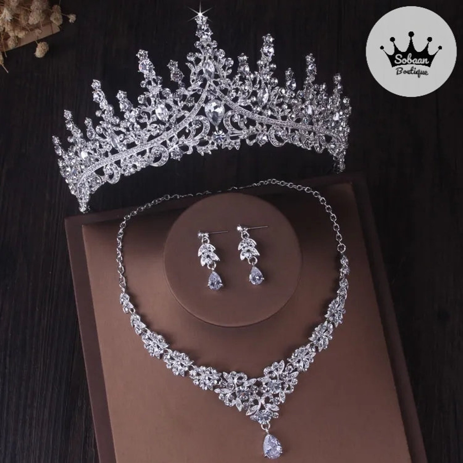 Bridal Tiara Set Crown Tiara set | Silver | Necklace | Earrings | Wedding | Jewelry | Headwear | Three-Piece | Holiday | 2025 Trend