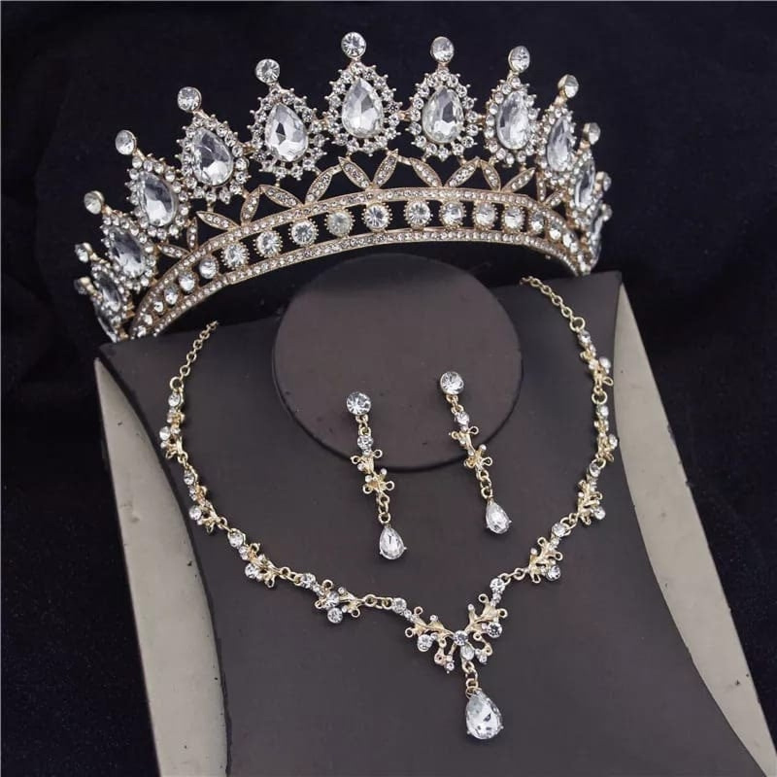Tiara Set Bridal Crown Tiara | Gold White | Necklace | Earrings | Wedding Set | Crystal Jewelry | Headwear | Three-Piece | Holiday | 2025