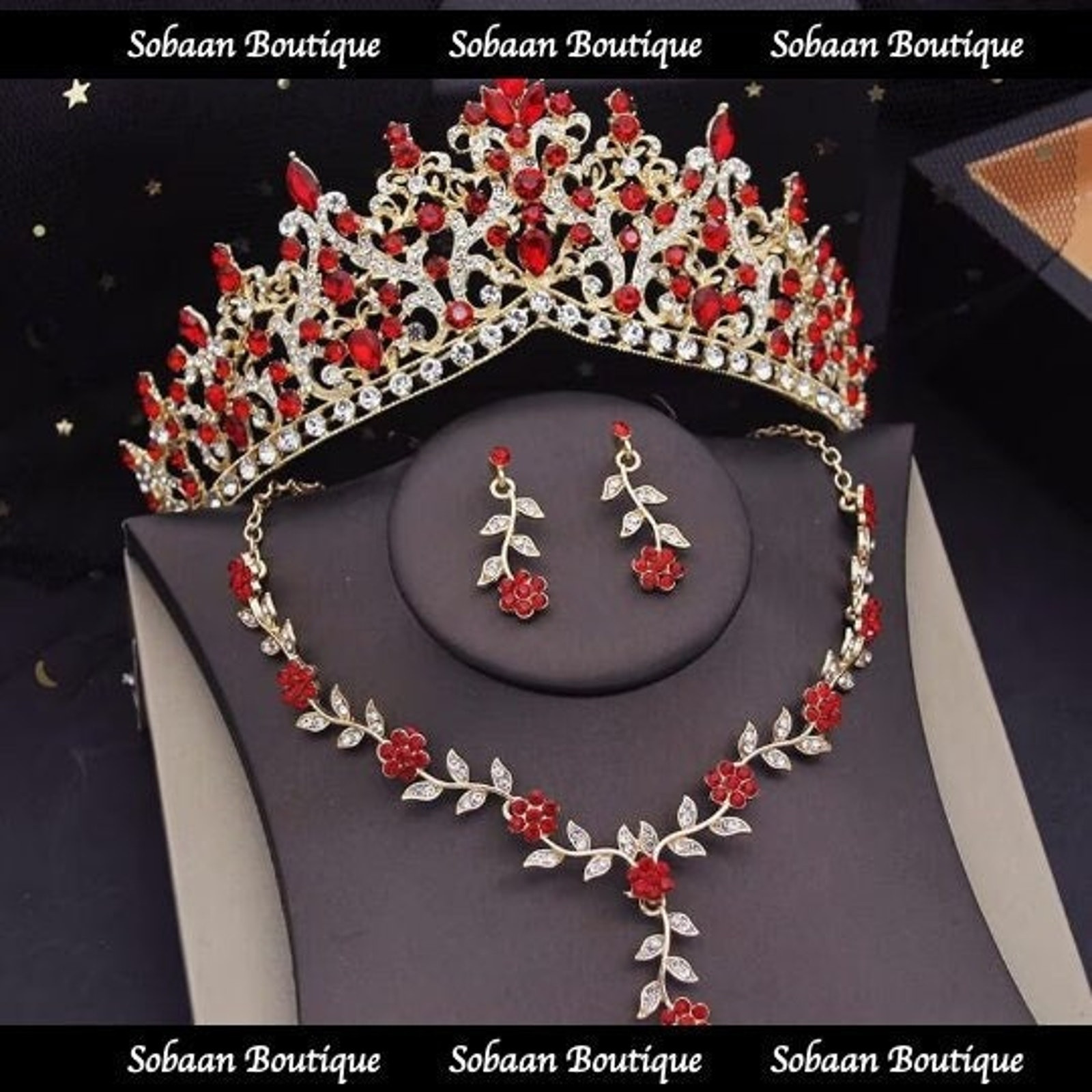 Bridal Tiara Red Gold Set | Luxury High-End Red & Gold Set | Earrings Necklace | Wedding | Jewelry | Royal | Engagement | 3-Piece | 2025