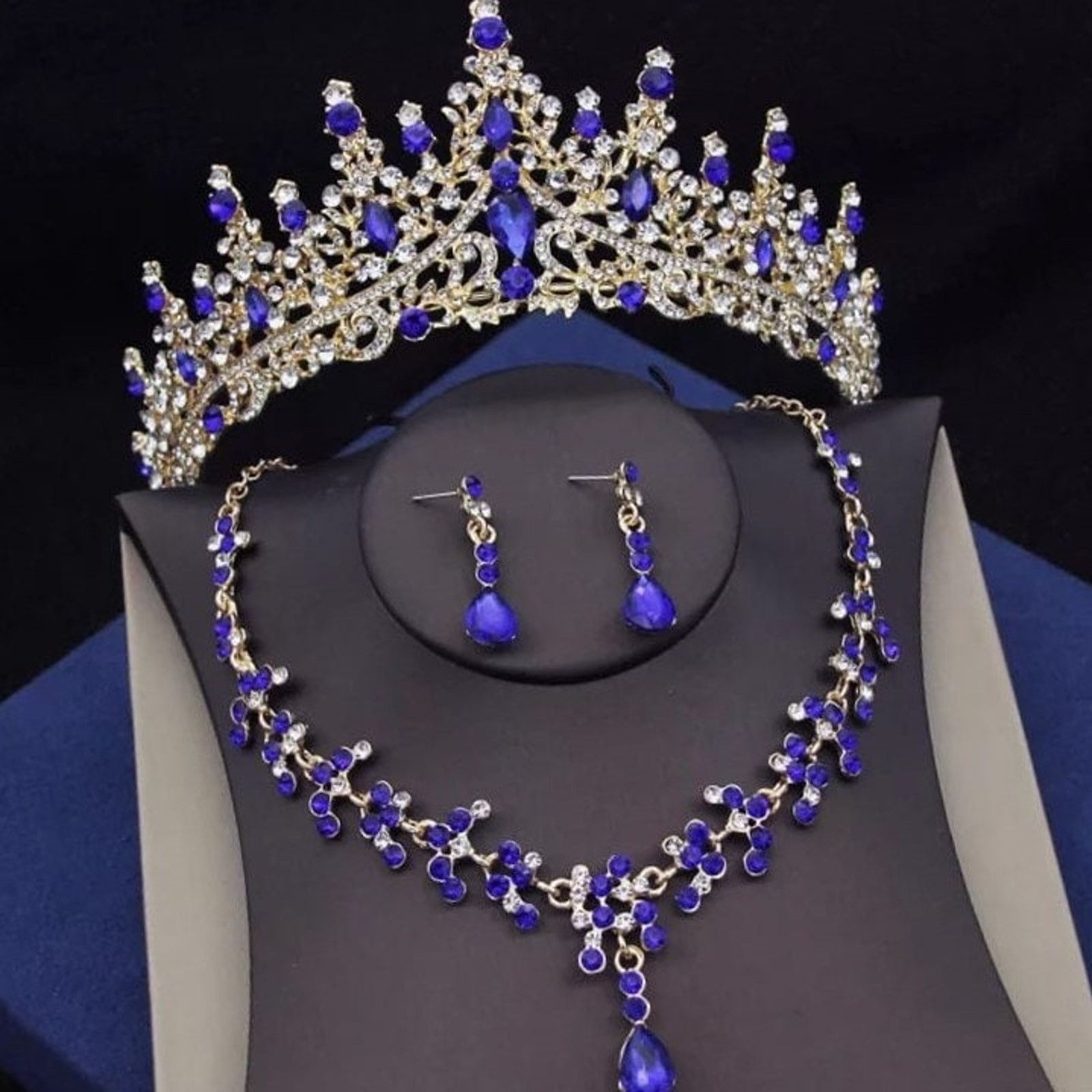 Bridal Tiara Set Blue Crown Set | Blue & Gold | Bridal Jewelry | Earring Necklace | Wedding | Royal | Engagement | Crown | 2025 Trend