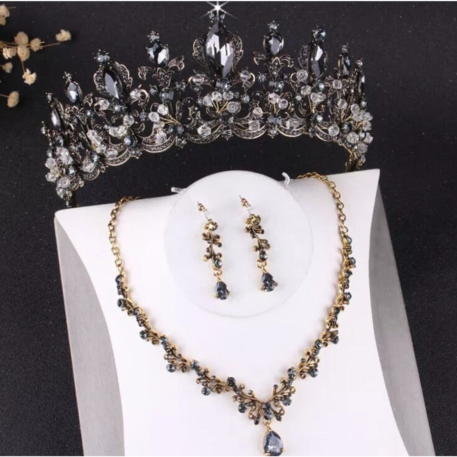 Bridal Black Tiara Set | Black Set | Necklace | Earrings | Wedding | Crystal Jewelry | Headwear | Three-Piece | Holiday | 2025 Trend