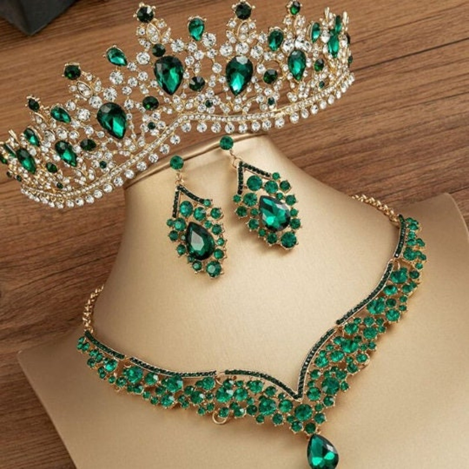 Bridal Green Tiara Set | Luxury High-End Green | Jewelry | Earring Necklace | Wedding | Royal | Engagement | Crown | 3-Piece | 2025 Trend