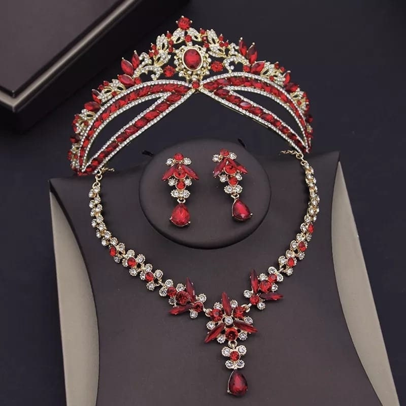 Bridal Tiara Set Red Tiara set | Red & Gold | Necklace | Earrings | Wedding | Jewelry | Crown| Headwear | Three-Piece | Holiday | 2025 Trend