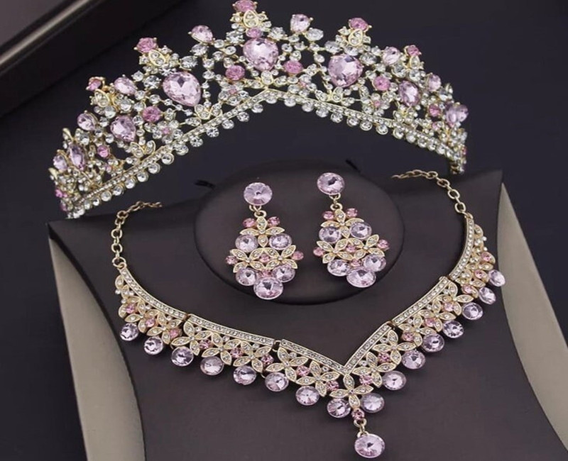 Bridal Tiara Set Pink Tiara set | Pink Gold Silver | Necklace | Earrings | Wedding | Jewelry | Headwear | Three-Piece | Holiday | 2025 Trend