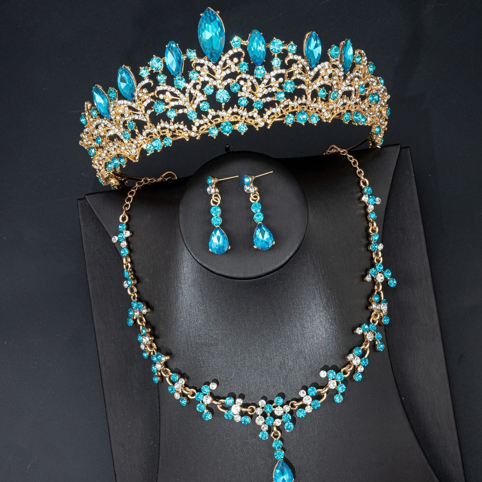 Bridal Tiara Set SkyBlue Tiara | Sky Blue & Gold | Necklace | Earrings | Wedding | Jewelry | Crown| Headwear | Three-Piece | Holiday | 2025