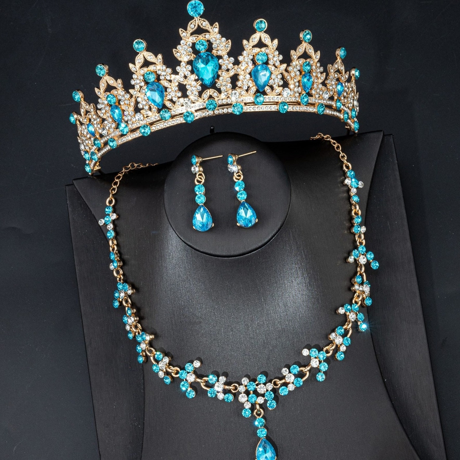 Bridal Tiara Set SkyBlue Tiara | Sky Blue & Gold | Necklace | Earrings | Wedding | Jewelry | Crown| Headwear | Three-Piece | Holiday | 2025