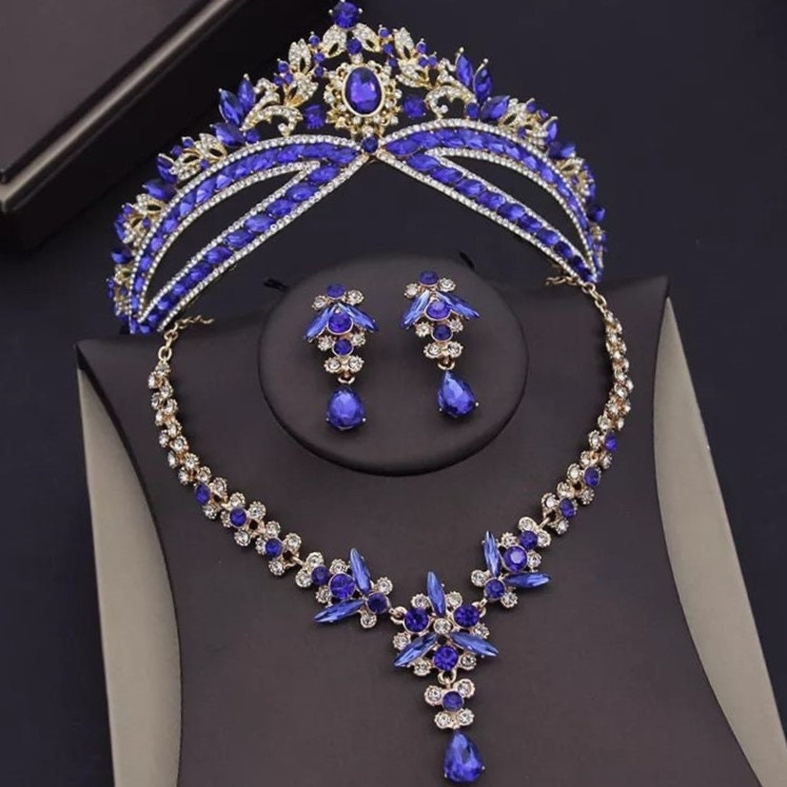 Tiara Set Bridal Blue Tiara set | Blue Gold | Necklace | Earrings | Wedding | Jewelry | Headwear | Three-Piece | Holiday | 2025 Trend