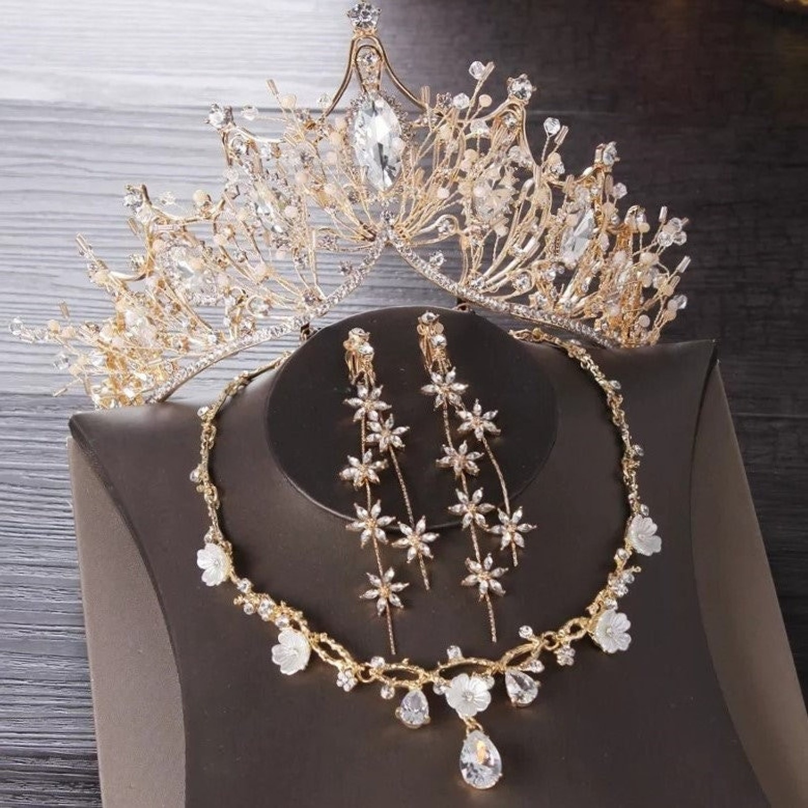 Tiara Set Bridal Crown Tiara Set | Gold | Necklace | Earrings | Wedding | Crystal Jewelry | Headwear | Three-Piece | Holiday | 2025 Trend