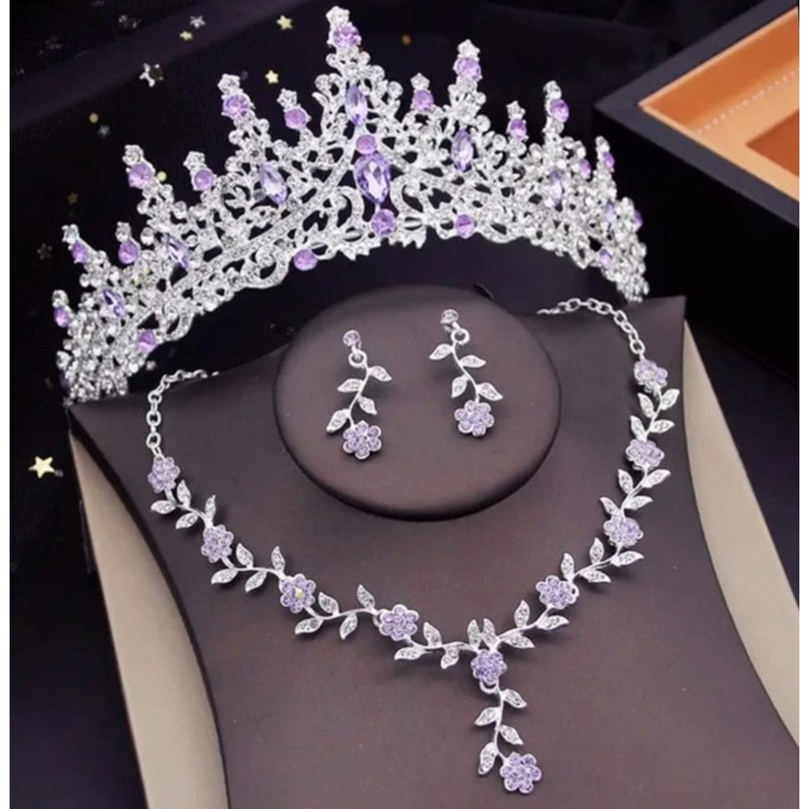 Bridal Tiara Purple Silver Set | Purple Silver | Necklace | Earring | Luxury High-End Tiara | Jewelry | Headwear | Holiday | 3-Piece | 2025