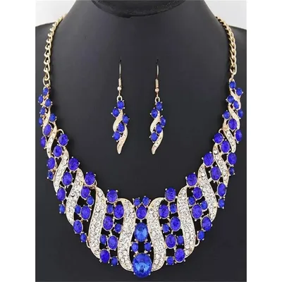 Bridal Jewelry Necklace Earring Set | Blue Gold | Bridesmaid | Bridal Wedding | Party Jewelry | Bridal Necklace Set | Bridal Earring | 2025