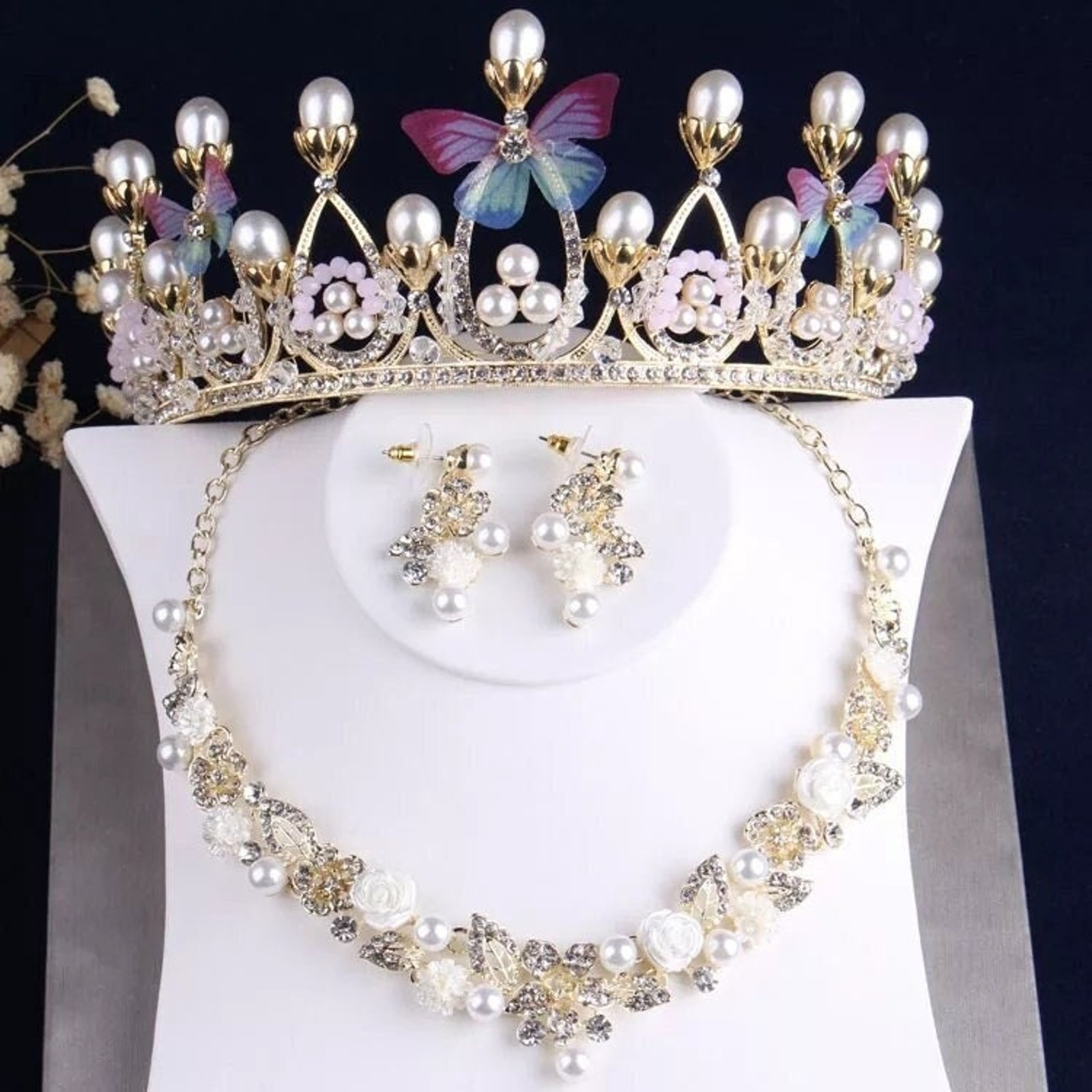 Bridal Tiara Set | Pink Blue Butterfly | Gold | Necklace | Earrings | Wedding | Crystal Jewelry | Headwear | 3-Piece | Holiday | 2025