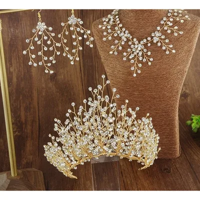 Bridal Tiara Set | Luxury High-End Gold | Bridal Jewelry Set | Wedding | Royal | Queen | Bride | Princess | Swarovski Tiara Set | 2025 Trend