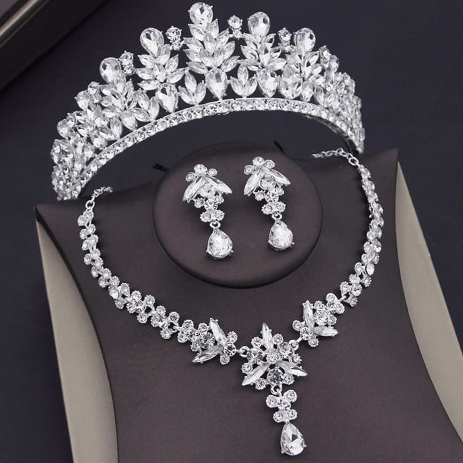 Bridal Tiara Set Silver Tiara | Silver | Necklace | Earrings | Wedding | Jewelry | Party Headwear | Three-Piece | Holiday | 2025 Trend