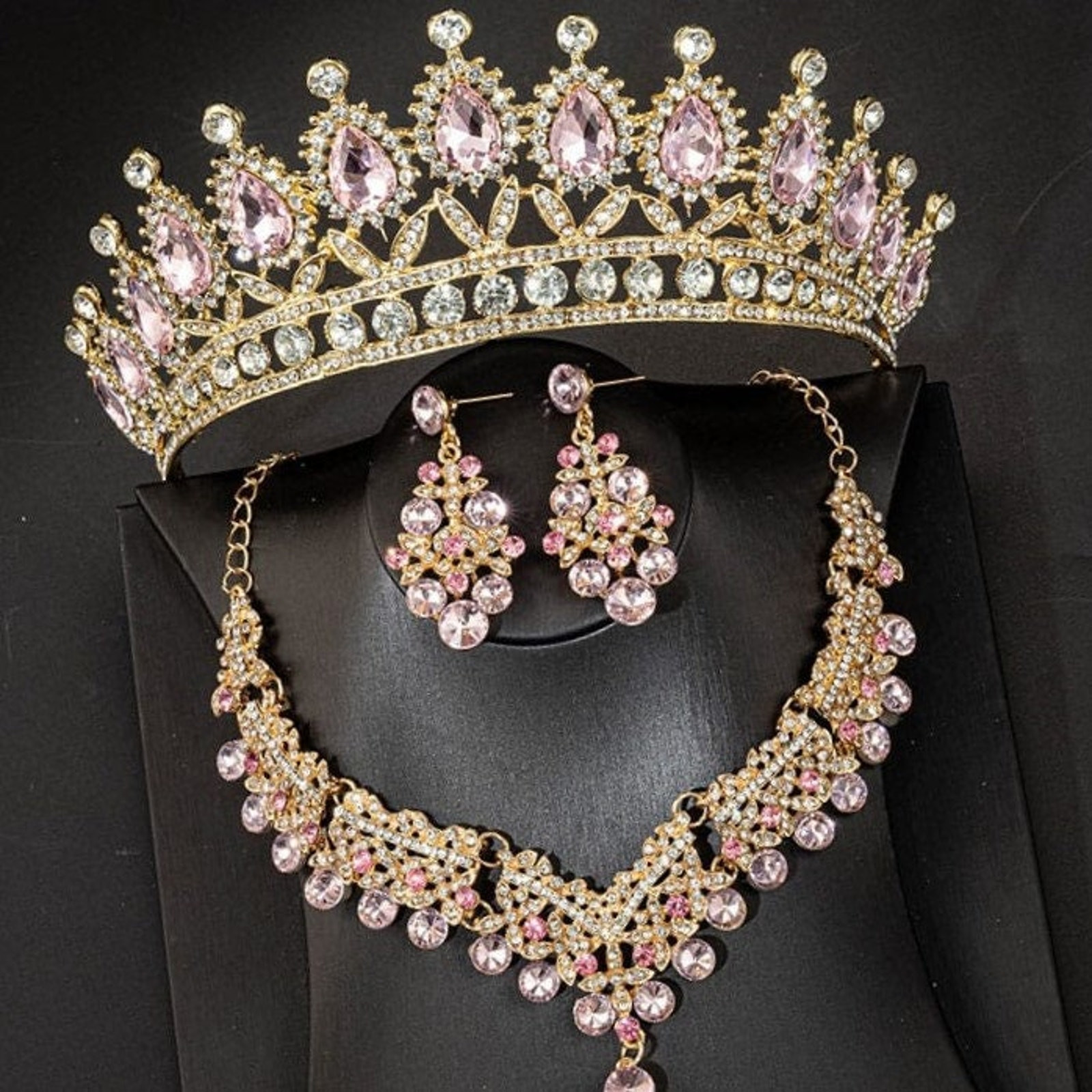 Bridal Pink Tiara Set | Pink & Gold | Necklace | Earrings | Wedding | Jewelry | Crown| Headwear | 3-Piece | Holiday | 2025 Trend