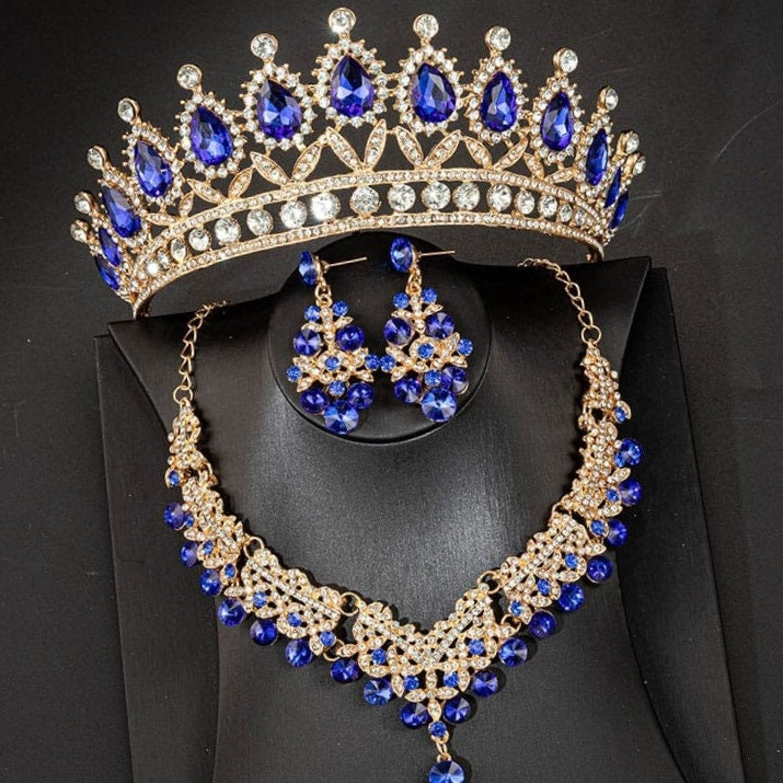 Bridal Tiara Set BlueGold Tiara | Blue & Gold | Necklace | Earring | Wedding | Jewelry | Crown| Headwear | Three-Piece | Holiday | 2025 Trend