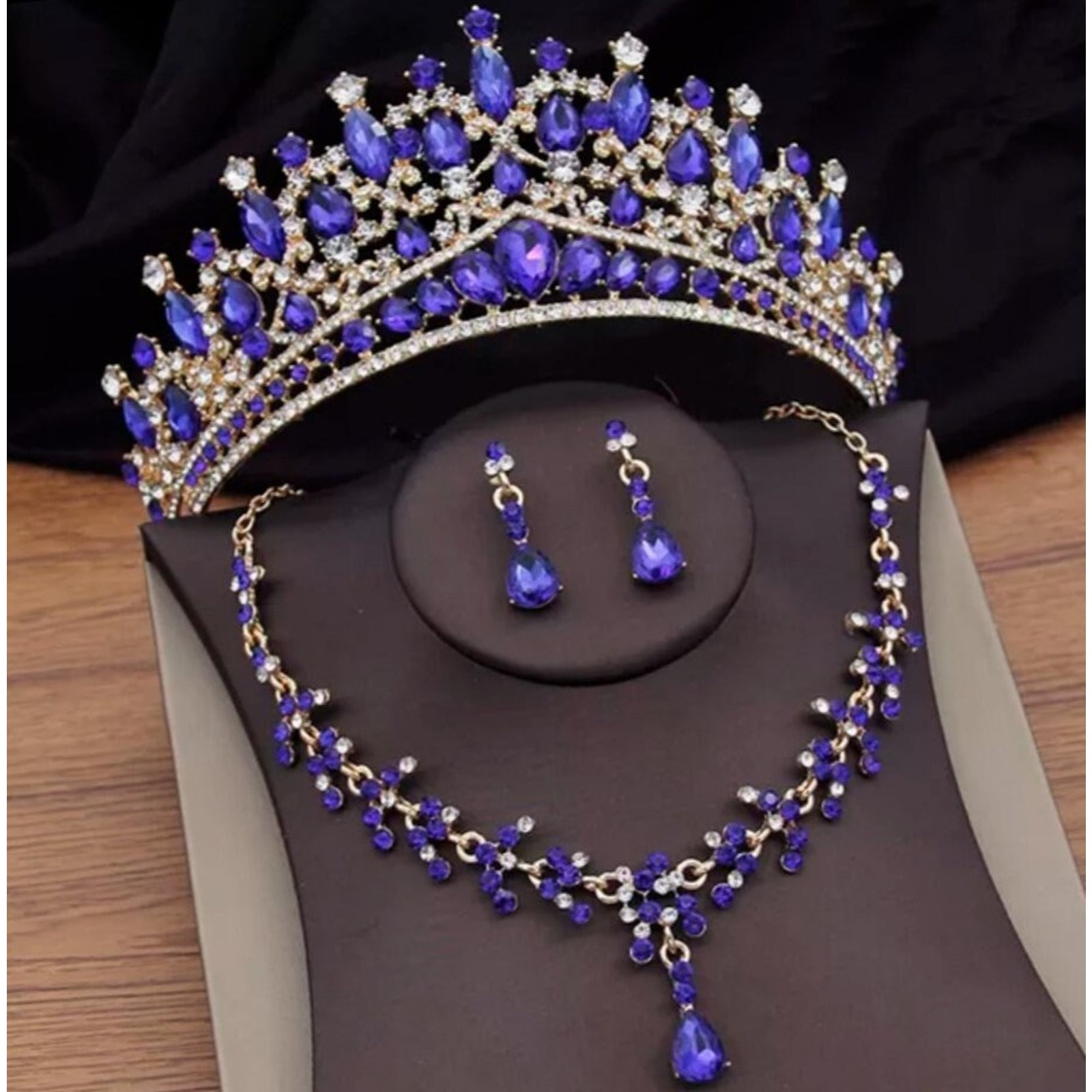 Bridal Tiara Set Blue Tiara set | Blue Gold Silver | Necklace | Earrings | Wedding | Jewelry | Headwear | Three-Piece | Holiday | 2025 Trend