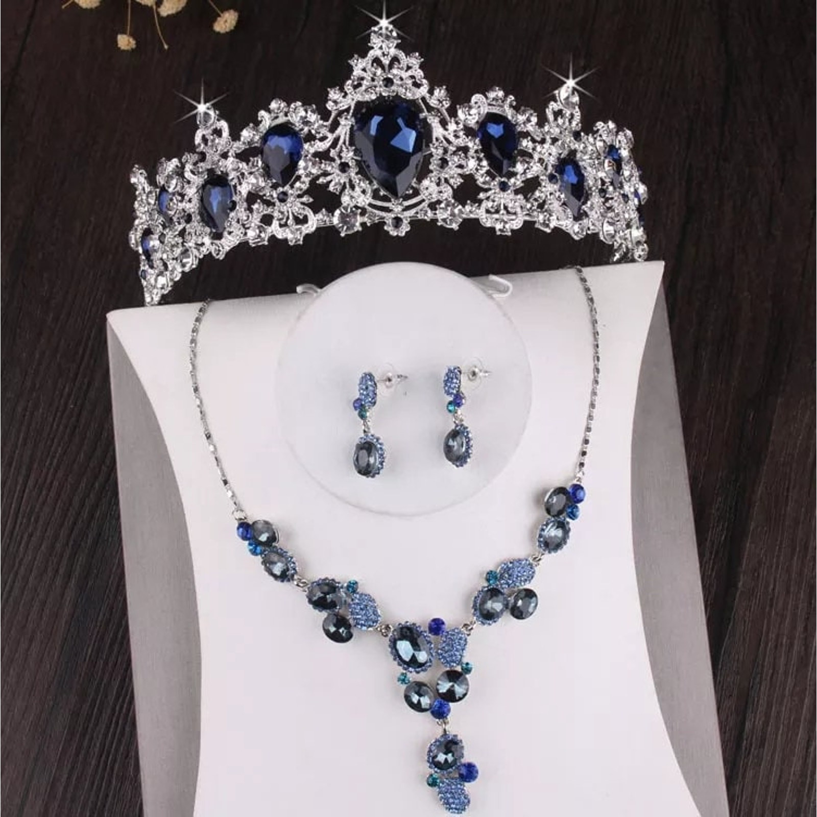 Bridal Tiara Set Blue Crown | Blue Silver | Necklace | Earrings | Wedding | Crystal Jewelry | Headwear | Three-Piece | Holiday | 2025 Trend