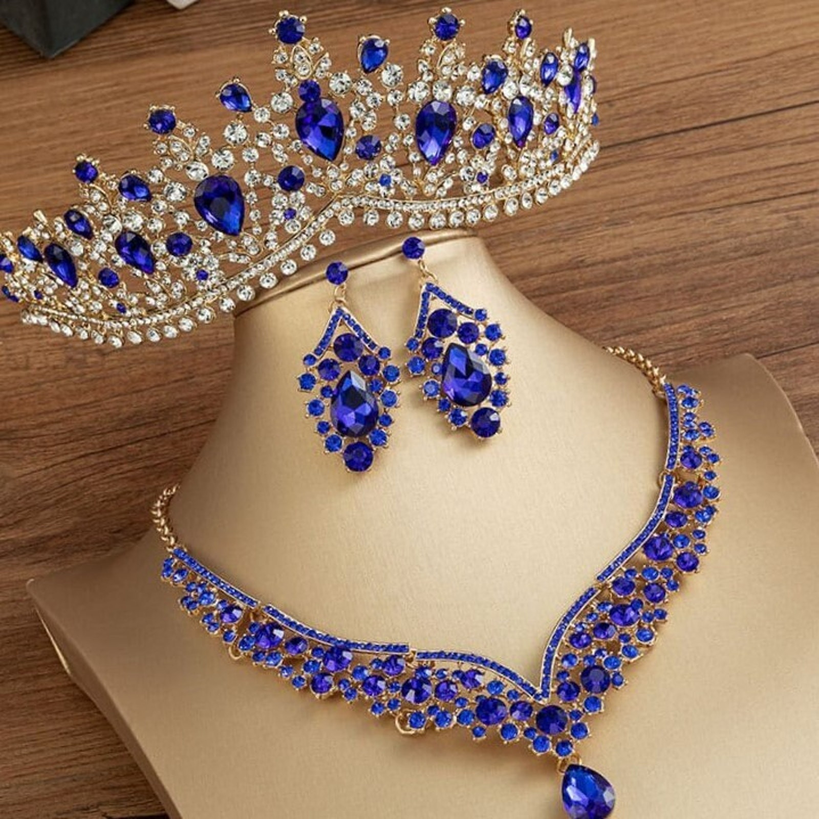 Bridal Blue Tiara Set | Blue & Gold | Earrings Necklace | Wedding Headwear | Jewelry | Royal | Engagement | Women Dress Crown | 2025 Trend
