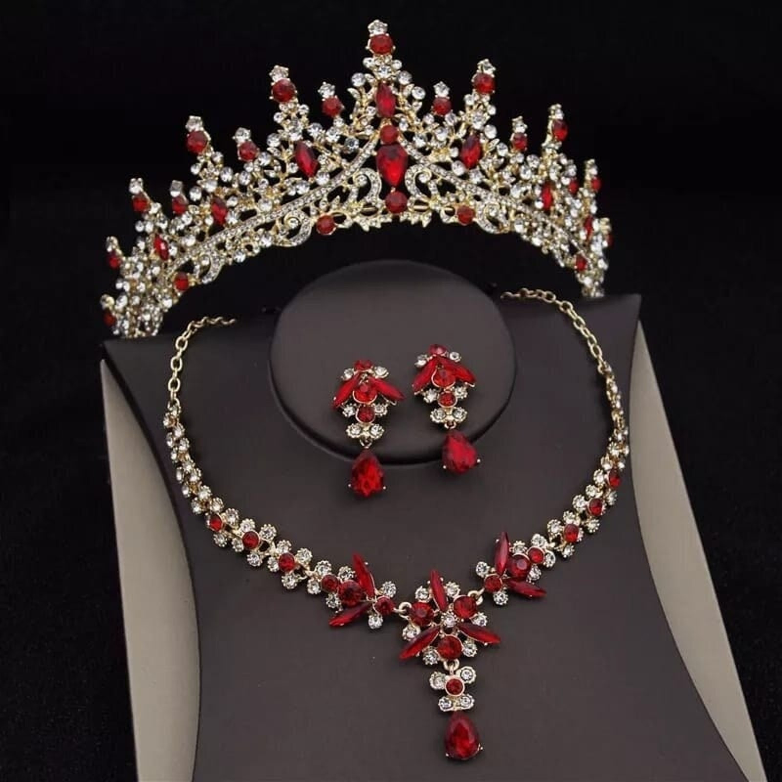 Bridal Red Tiara set | Luxury High-End Red & Gold Set | Necklace | Earrings | Wedding | Jewelry | Headwear | 3-Piece | Holiday | 2025 Trend