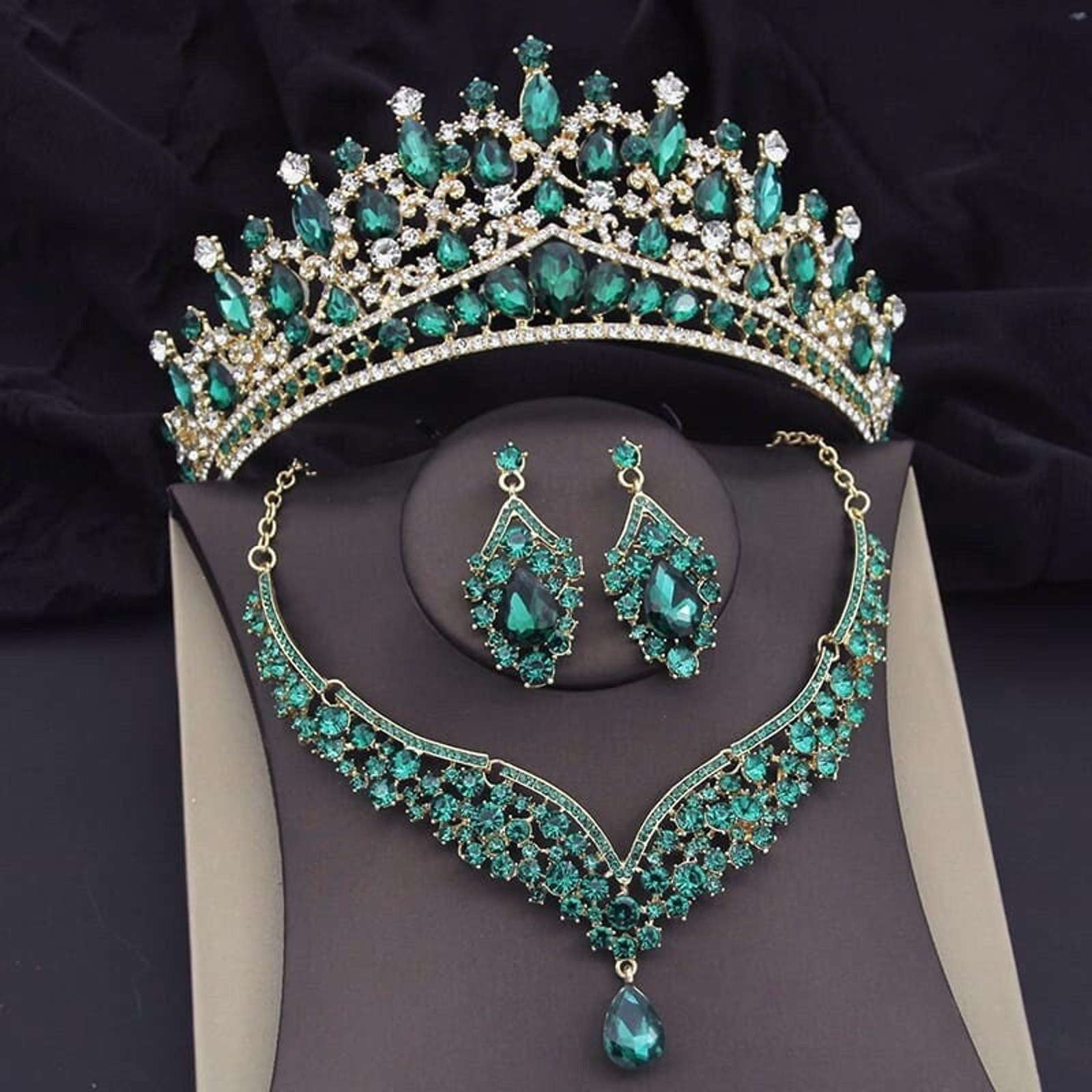 Bridal Green Tiara Set | Luxury High-End Green | Jewelry | Earring Necklace | Wedding | Royal | Engagement | Crown | 3-Piece | 2025 Trend