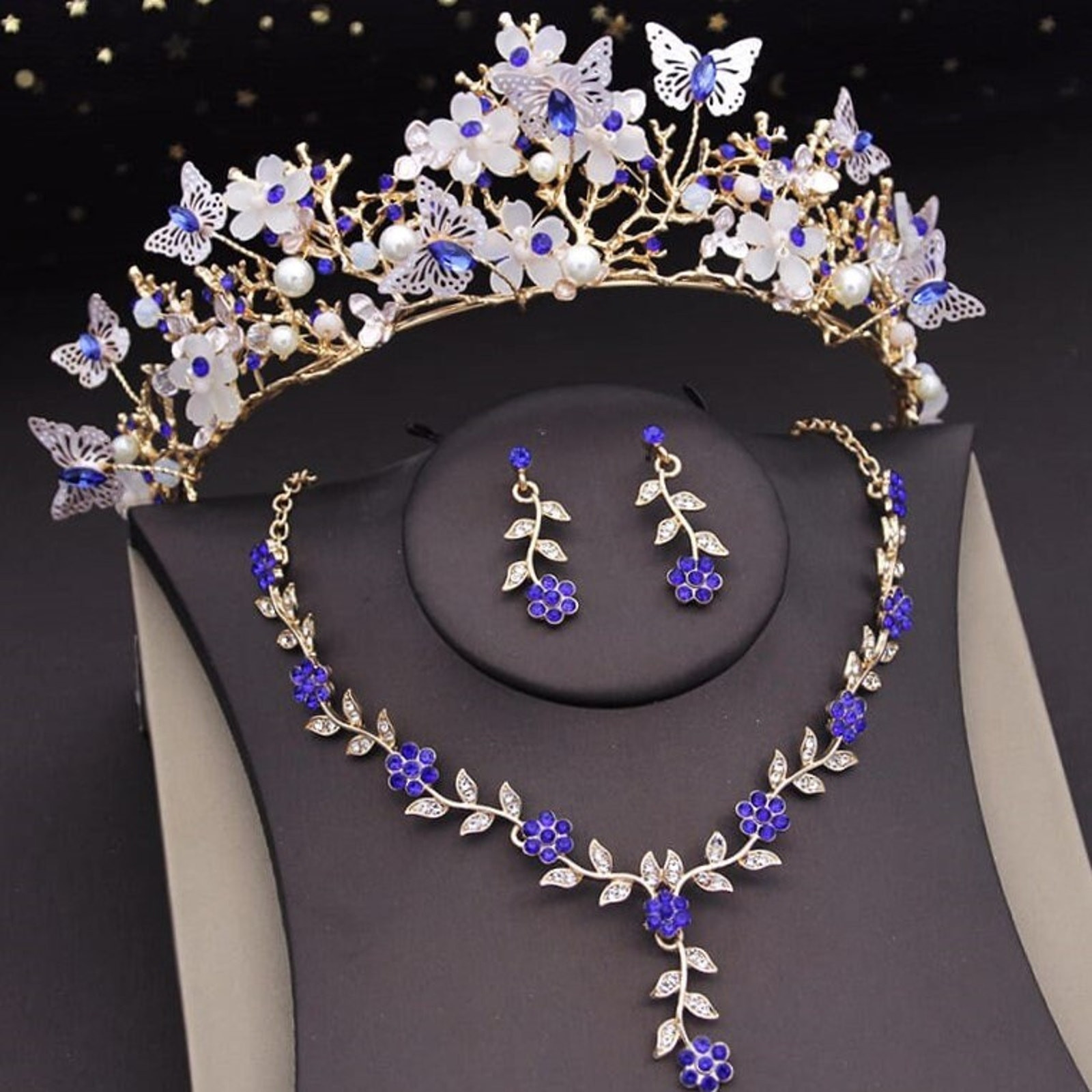 Bridal Tiara Blue Gold Set | Blue & Gold Butterfly Tiara | Earrings Necklace | Wedding | Jewelry | Royal | Engagement | Women Crown | 2025