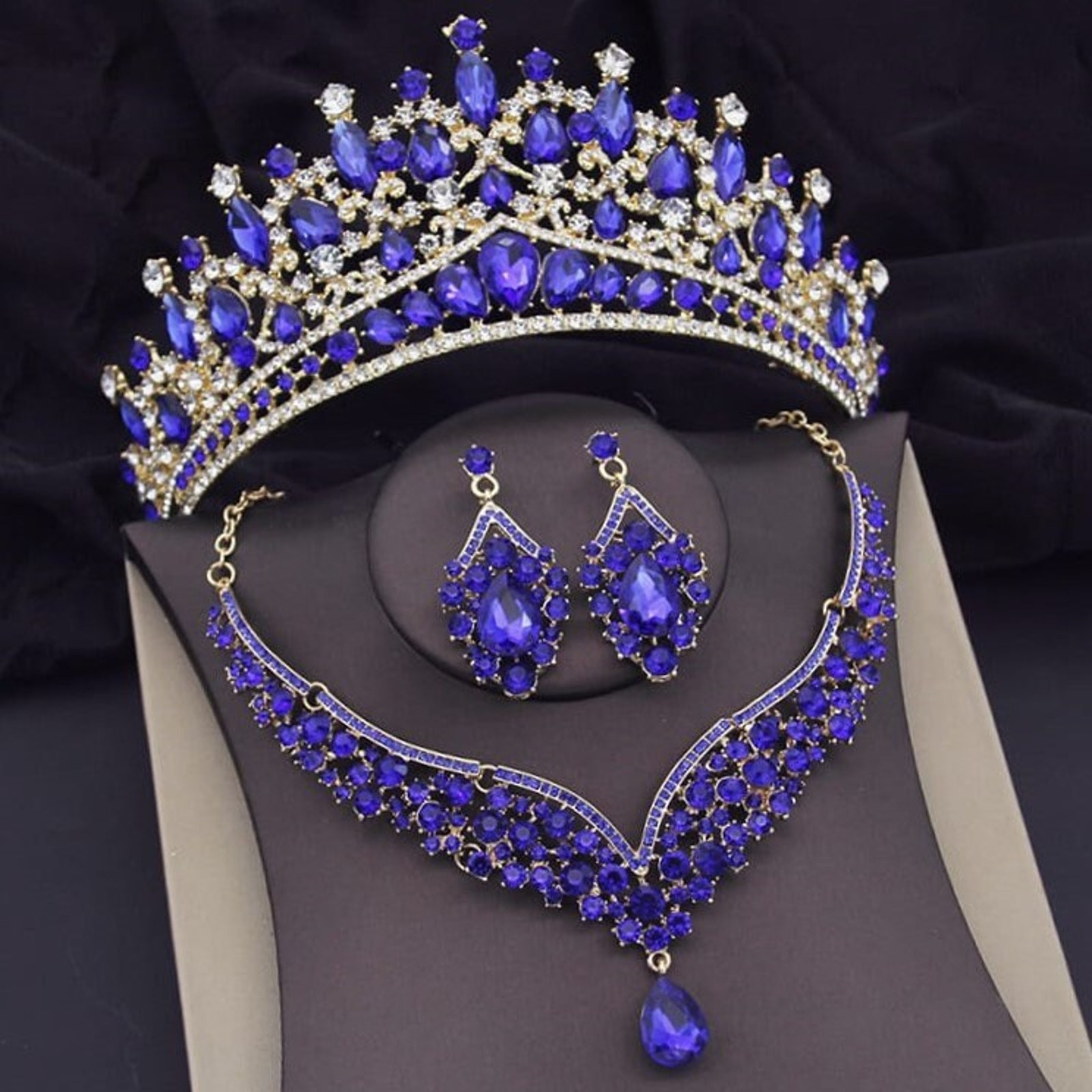 Bridal Blue Tiara Set | Blue & Gold | Earrings Necklace | Wedding Headwear | Jewelry | Royal | Engagement | Women Dress Crown | 2025 Trend
