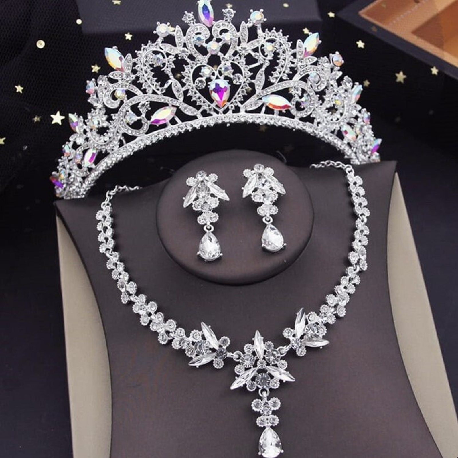 Tiara Set Bridal Silver Tiara set | Silver Tiara | Necklace | Earrings | Wedding | Jewelry | Headwear | Three-Piece | Holiday | 2025 Trend
