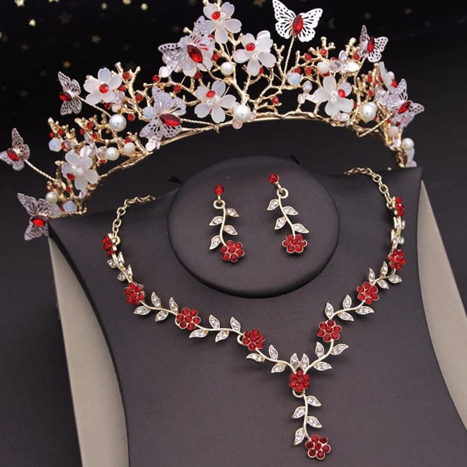 Bridal Tiara Red Gold Crown Set | Red & Gold Butterfly Tiara | Earrings Necklace | Wedding Set | Crystal Jewelry | Headwear | 3-Piece | 2025