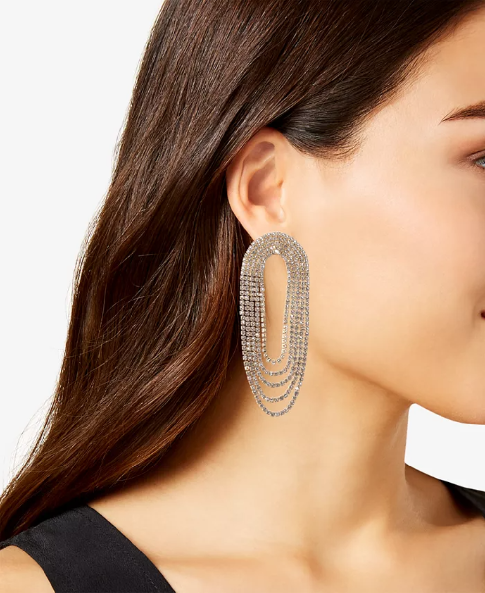 Gold-Tone Rhinestone Chain Loop Statement Earrings