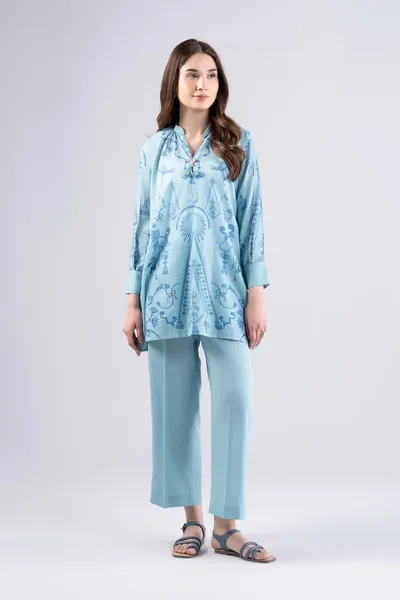 Light Blue 2-Piece Printed Slub Lawn Suit | Short Shirt & Cropped Pants