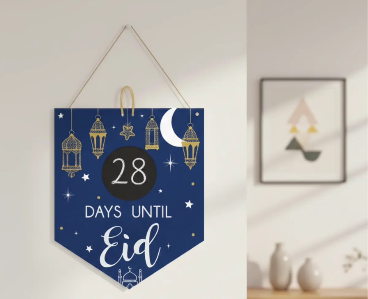 Eid Countdown Chalkboard Sign – Hanging Ramadan & Eid Al-Fitr Decor – 15in Blue & Gold Lantern Design