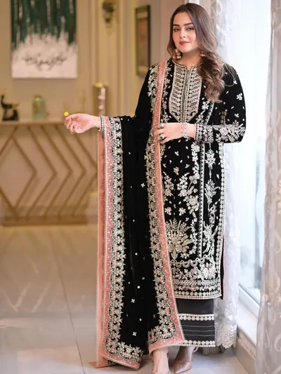 Velvet Elegant Black Embroidered 3-Piece Suit – Luxury Formal Ethnic Wear