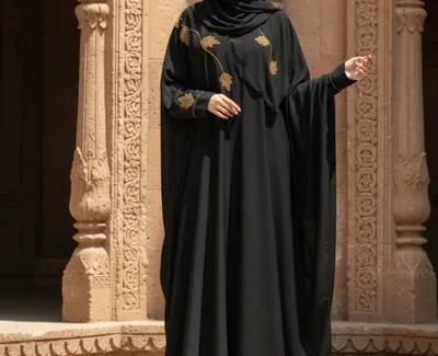 Luxury Black Hand-Beaded Gold Leaf Abaya Set – Elegant Batwing Evening Kaftan with Matching Hijab